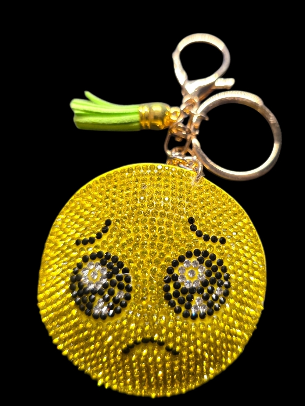 Yellow Rhinestone Sad Face Bag Charm Keychain Charm with Green Tassel